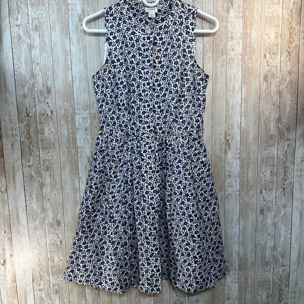 J. Crew Fit & Flare Linen Dress Womens Size 0 White Blue Floral Pleated Pockets